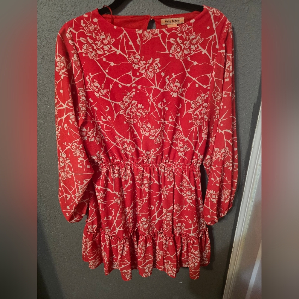 Flying Tomato Red Floral Long Sleeve Tiered Dress